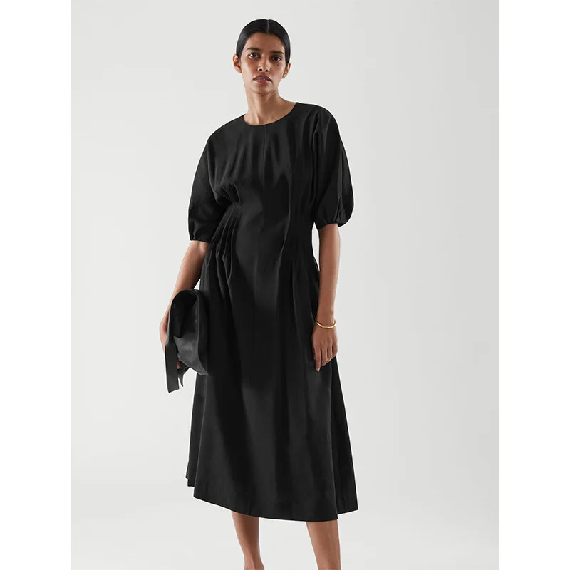 

Casual Elgent White Short Sleeve Midi Black Dress for Woman 2021 Summer Designer Luxury Female Clothing Vintage Indie