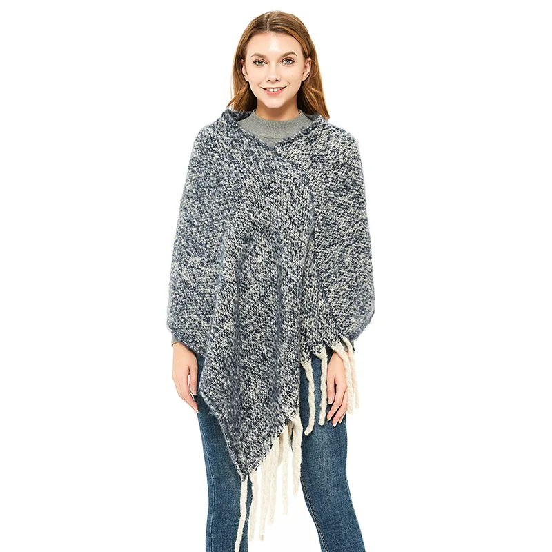 

Women’s Elegant Knitted Poncho Cape Top with Stripe Patterns and Fringed Sides Loop yarn twist braid Thick Long Tassel Pashmina