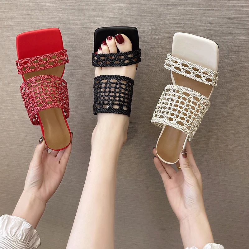 

2022 New Plus Size 34-43 Square Toe Sandals Women High Heels Shoes Solid Dress Summer Ladies Shoes Sandalias Mujer 2020