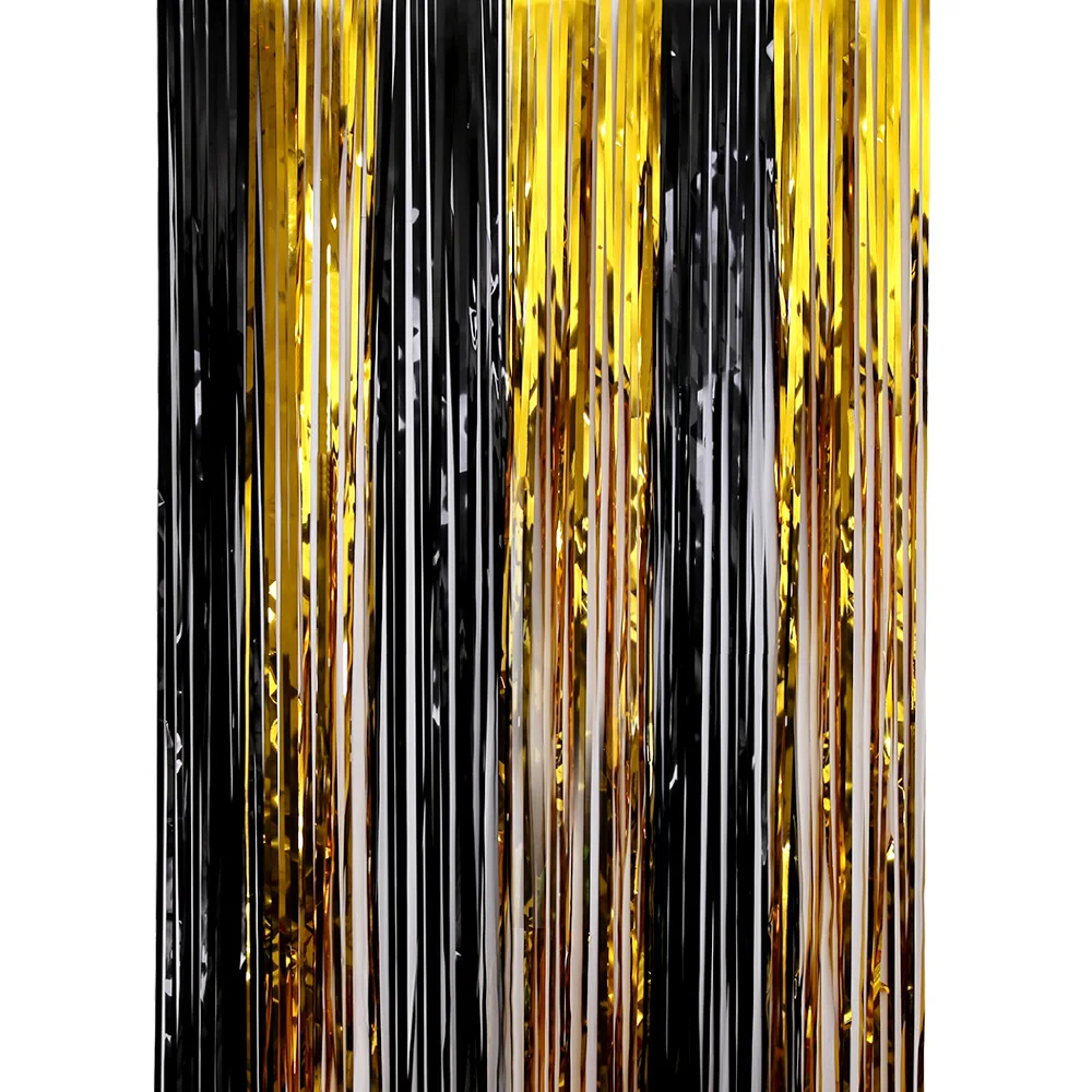 2Pack Black Gold Party Backdrop Foil Curtains Graduation 2022 Metal Foil Tinsel Fringe Curtain Wedding Birthday Party Decor images - 6