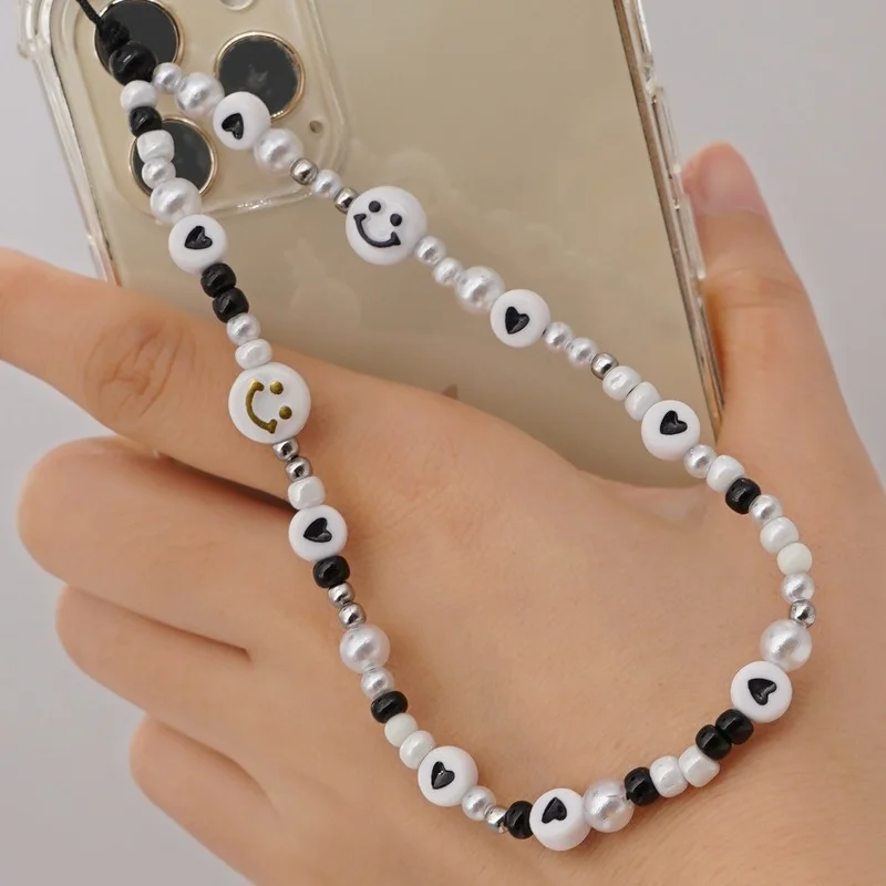 Boho Mobile Phone Chain Strap Beaded Female Imitation Pearl Letters Smiley Face Beads Black White Anti-lost Cellphone Lanyard
