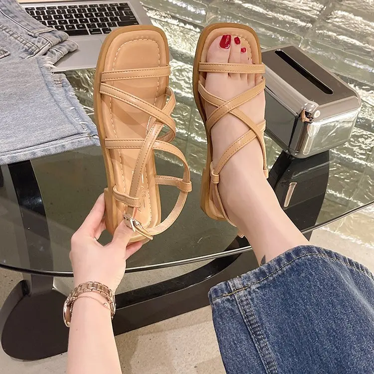 

Женские Босоножки на каблуке-шпильке, бежевые туфли с перекрестными ремешками, универсальные туфли на среднем каблуке, с пряжкой, на лето, 2023