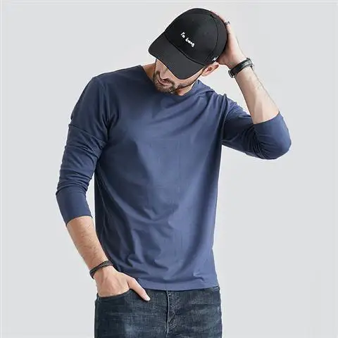 

Футболка мужская однотонная свободного покроя, Повседневная рубашка оверсайз с длинным рукавом, круглый вырез, модная длинная футболка, ве...