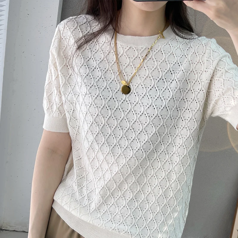 

100 Cotton Ladies Short Sleeve T-Shirt Round Neck Summer New Loose Hollow Sweater Half Sleeve Thin Diamond Knitting