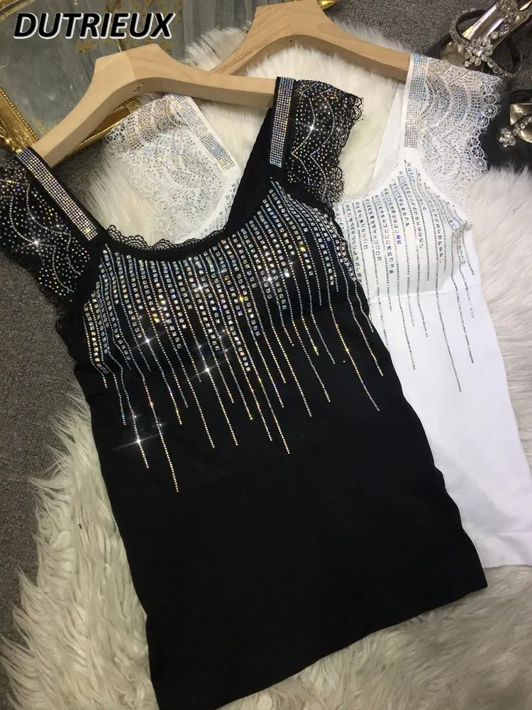 

2023 New Summer Tank Top Heavy Embroidery Hot Drilling Women's Vest Diamond Pure Inner Wear Outer Wear Top Fashion Vest for Lady