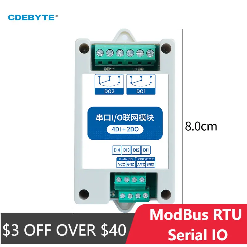 ModBus RTU Serial IO Module RS485 Interface 4DI+2DO 8 Digital Outputs  Rail Installation 8~28VDC CDEBYTE MA01-AXCX4020