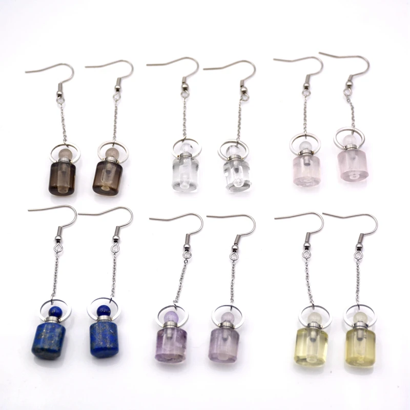 

Natural Gemstone Perfume Bottle Vial Earrings Aroma Essential Oil Diffuser Healing Reiki Amethyst Charms for Women Jewelry Gifts