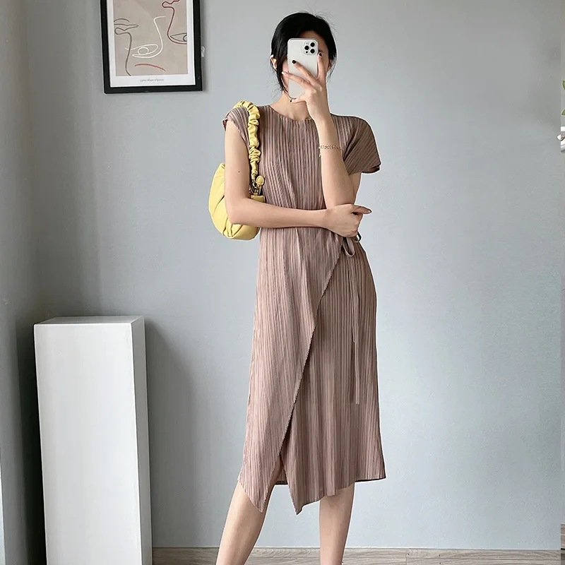 

Miyake pleated dress women's design sense niche high-waisted tie-receiving mid-length skirt
