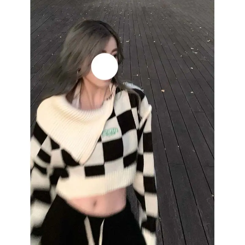 

Short Black White Checkerboard Sweater Women Oversize Knitting Coat Sueter Mujer Contrast Off Shoulder Vintage Y2k Fairy Grunge