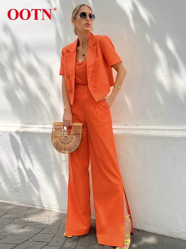

OOTN Office Orange Notched Shirts Suits Midi Waist Long Pants Short Sleeve Tops Two Piece Sets Summer Street Outfits Women 2023