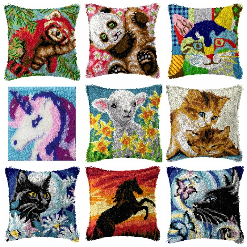 

Cartoon Animal Cross Stitch Latch Hook kit Horse Wolf Embroidery kits Throw Pillow Craft Kits For Adults Home Accessories DIY