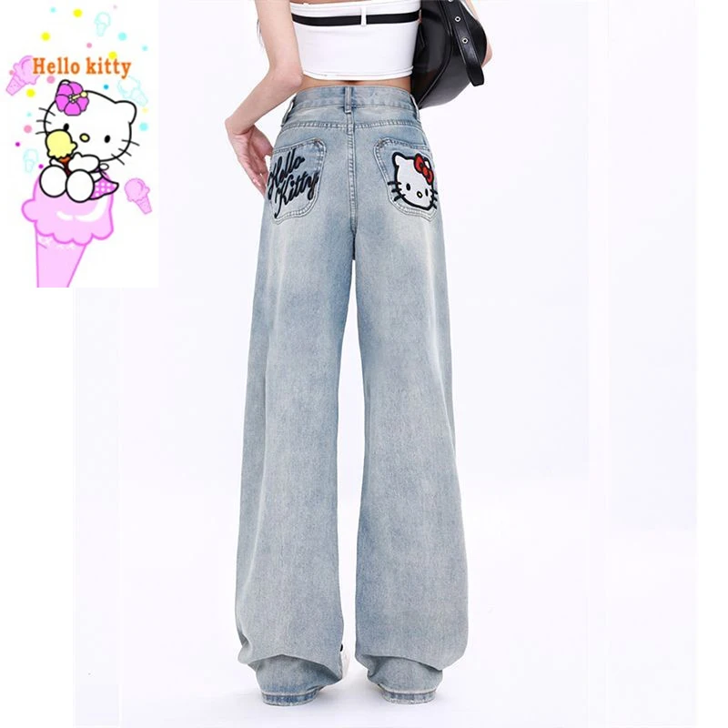 

Женские джинсы с вышивкой Hello Kitty, свободные прямые широкие брюки с мультяшной вышивкой, праздничный подарок на день рождения