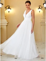 a line wedding dresses plunging neck floor length tulle sleeveless simple boho luxurious with pleats draping solid colora line w