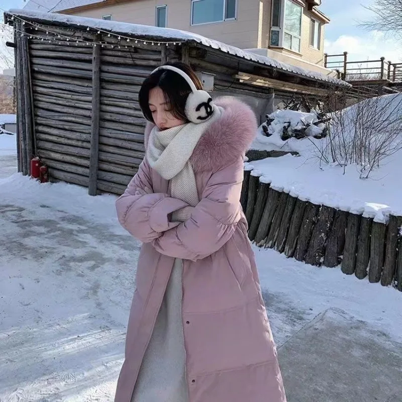 White Duck Down Jacket Women's Winter New Big Real Fur Hooded Middle And Long Korean Over Knee Fashion Elegant Horn Solid Parker