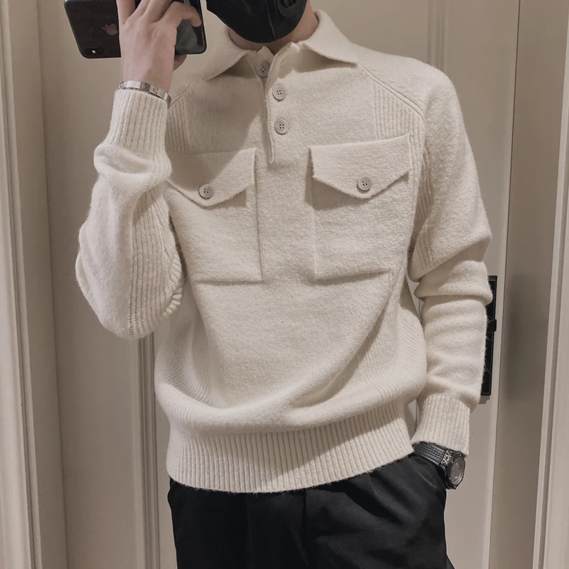 

2021 Brand clothing Men winter high quality slim fit Thermal knitted sweater/Male Fashion leisure Set head sweaters S-3XL beige