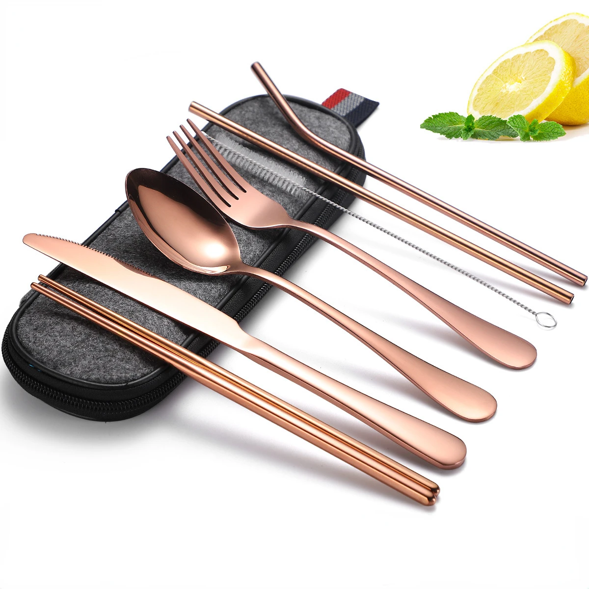 

Household 304 Stainless Steel Korean Dinnerware Set Tableware Fork Knife Spoon Gold Cutlery 7-Piece Set with Portable Bag