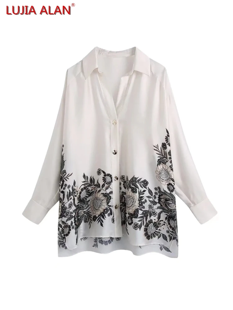 

Женская атласная рубашка с цветочным принтом, женская блузка с длинным рукавом, повседневные женские топы свободного кроя, блузы LUJIA ALAN S9905