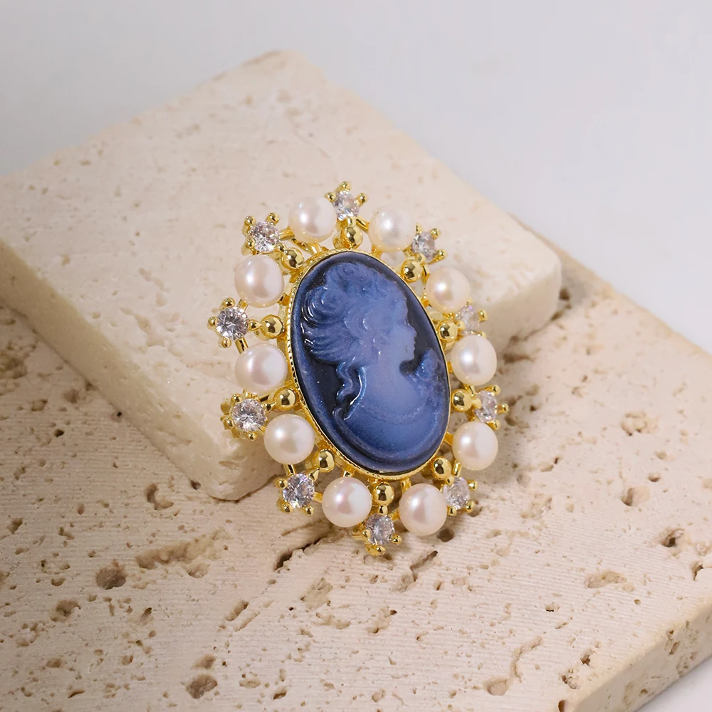 Броши GLSEEVO с натуральным жемчугом камея синие резные инкрустированные цирконами