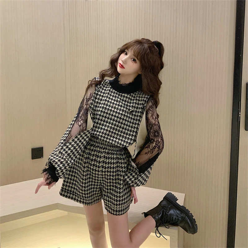 

hollow stitching lace sleeves stand collar loose tops + high waist shorts suit women's clothing 2pcs set for autumn