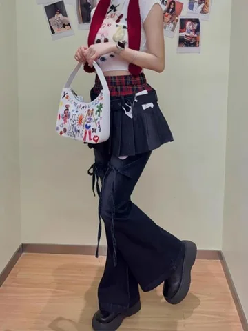 Neploe винтажная уличная одежда Harajuku персонализированные джоггеры для женщин American High Street поддельные брюки из двух предметов прямые брюки Moda