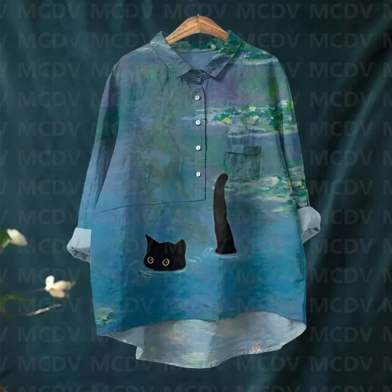 Женская повседневная блузка с лацканами и милым черным котом цветочным принтом