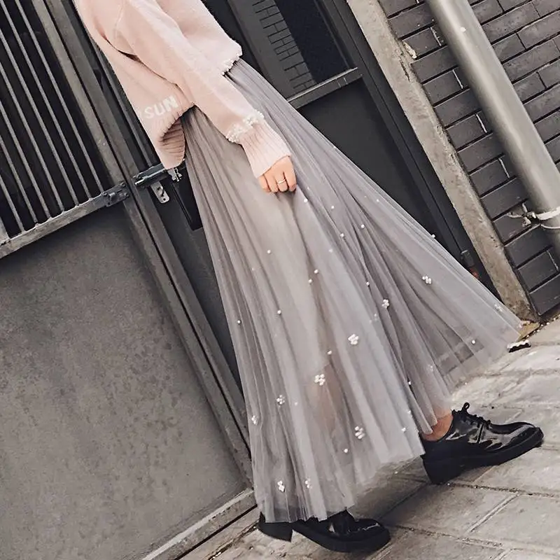 Skirt Autumn Fashion Diamond Beaded Satin Midi Long Pleated Women Korean Style High Waist Mid-Length Skirt Female