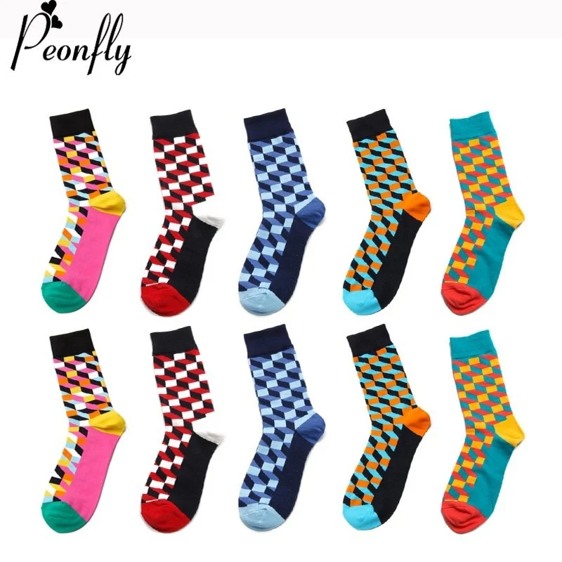 

Peonfly Fashion High Quality Comfortable Cotton Autumn Winter Creative Colorful Square Geometric Casual Men Long Happy Socks