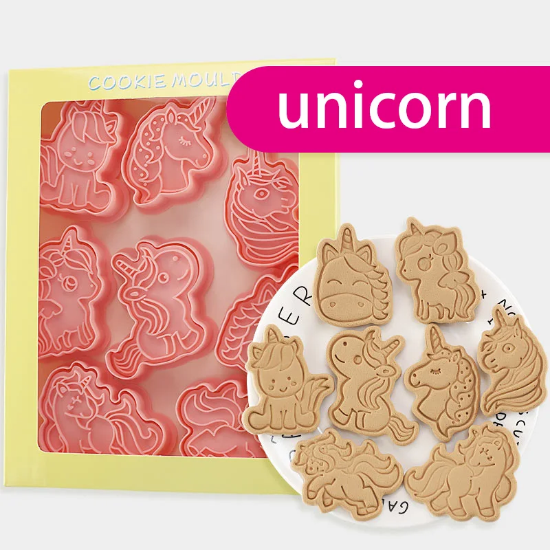 

8Pcs/set Cookie Cutters Plastic 3D Unicorn Shape Cartoon Pressable Biscuit Mold Cookie Stamp Kitchen Baking Pastry Bakeware Tool