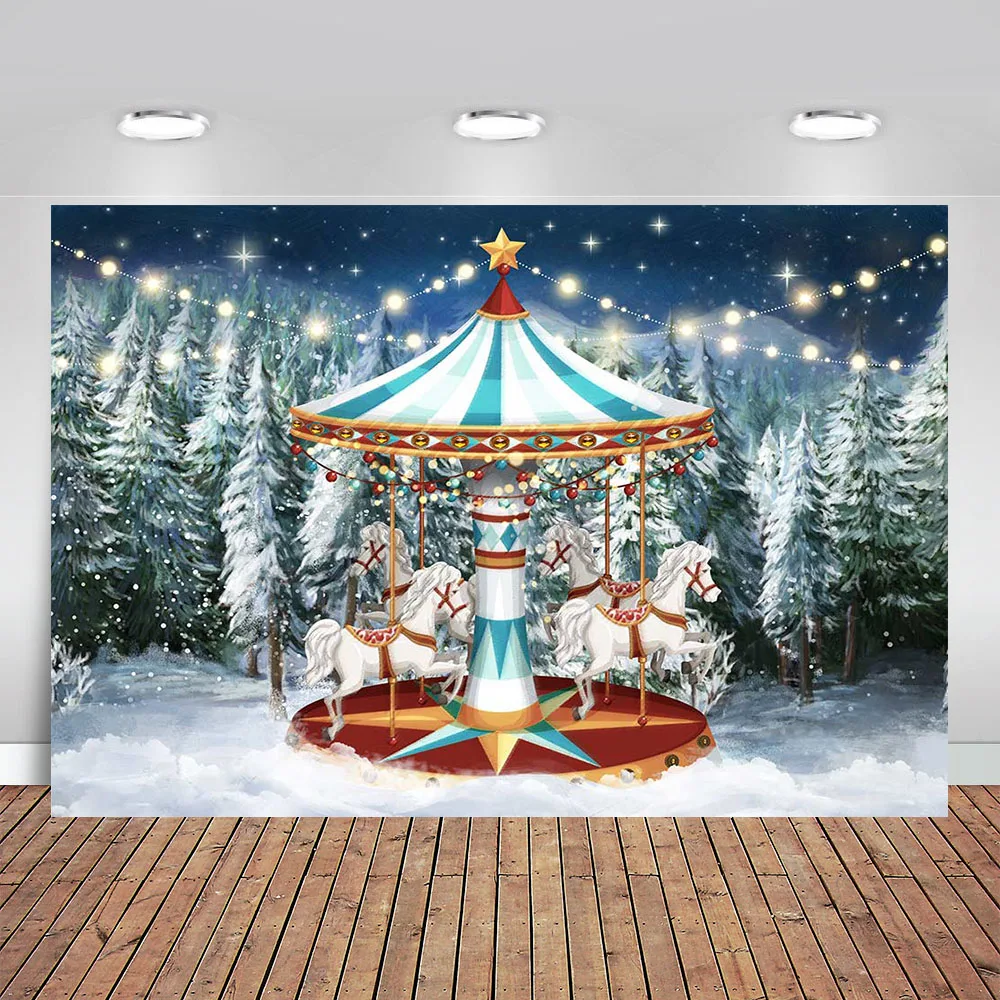 

Christmas Carousel Backdrops for Photography Winter Snow Forest Pine Tree Kids Family Portrait Background Photo Studio Photocall
