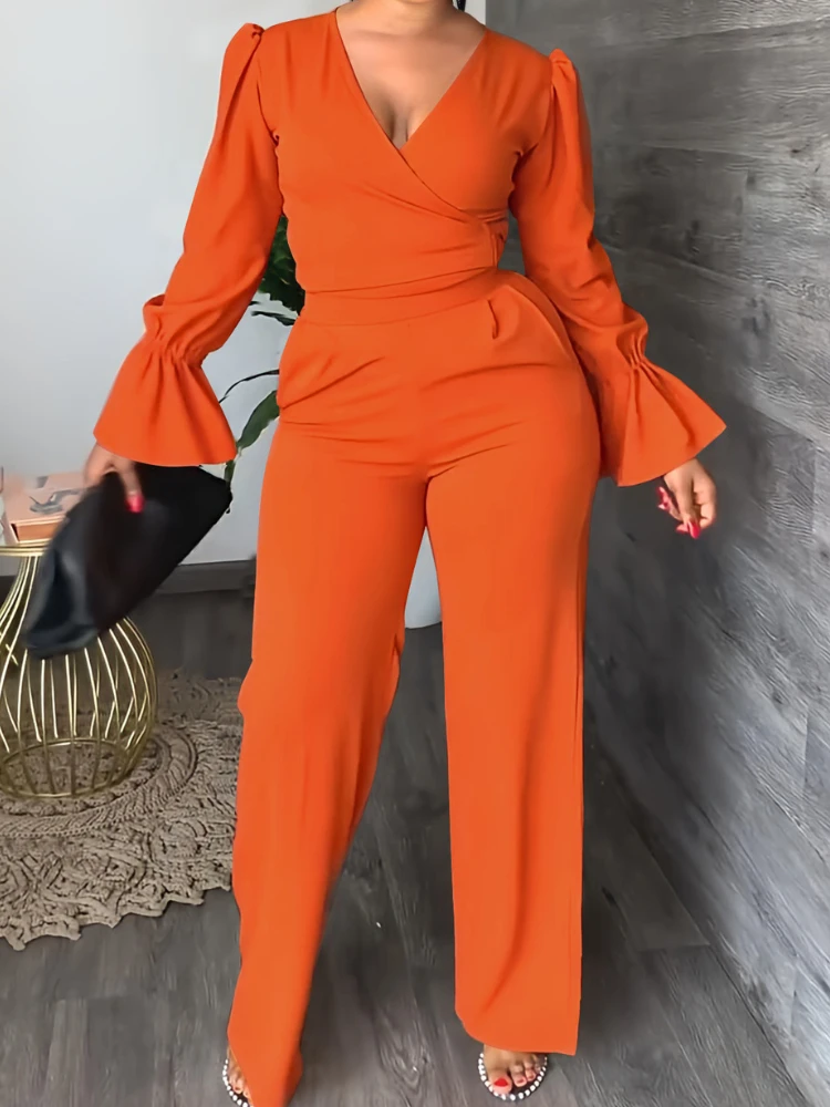 

Women Two Pieces Set V Neck Crop Tops Long Sleeves High Waist Pants Elegant Office Ladies with Waist Belt African Female Suits