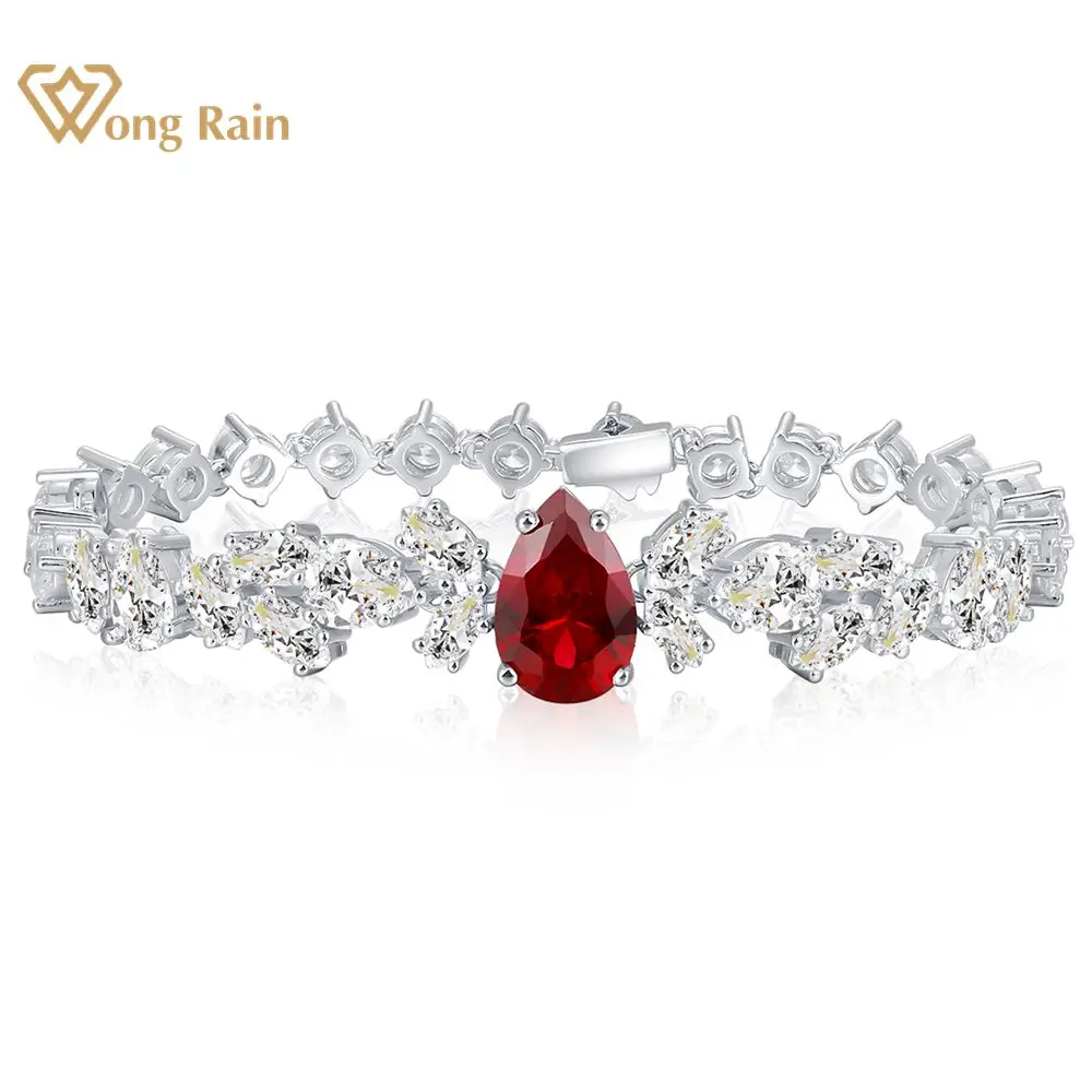 

Wong Rain 100% 925 Sterling Silver Pear Cut Lab Sapphire Ruby High Carbon Diamonds Gemstone Charm Bracelets Bangle Fine Jewelry