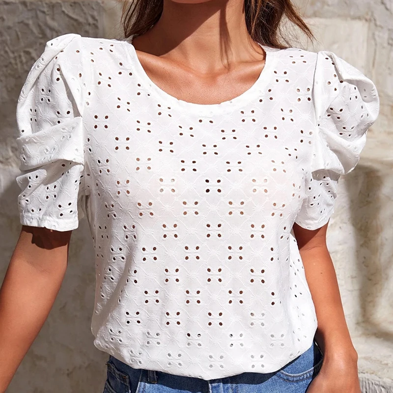 

Sweet Casual Shirt Pleated Puff Short Sleeve Blouse Summer Shirt Women Fashion Hollow Jacquard O-Neck Tops Mujer Elegant 25345