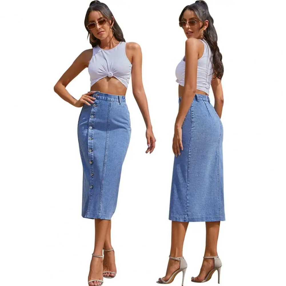 

Denim Skirt High Waist Denim Skirt with Irregular Slit Button Placket Stylish Calf-length Streetwear for Women for Office Women