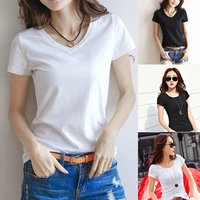 women basic tee shirt casual v neck short sleeve female cotton tee slim black white t shirt streetwear lady solid tshirt tops
