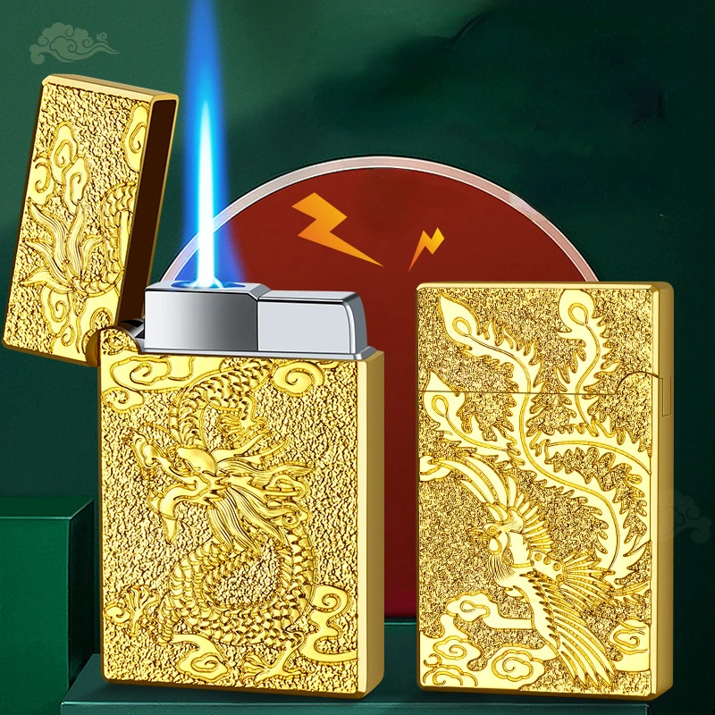 Dragon And Phoenix Chengxiang Three-dimensional Relief Steel Sound Blunting Blue Flame Windproof Lighter