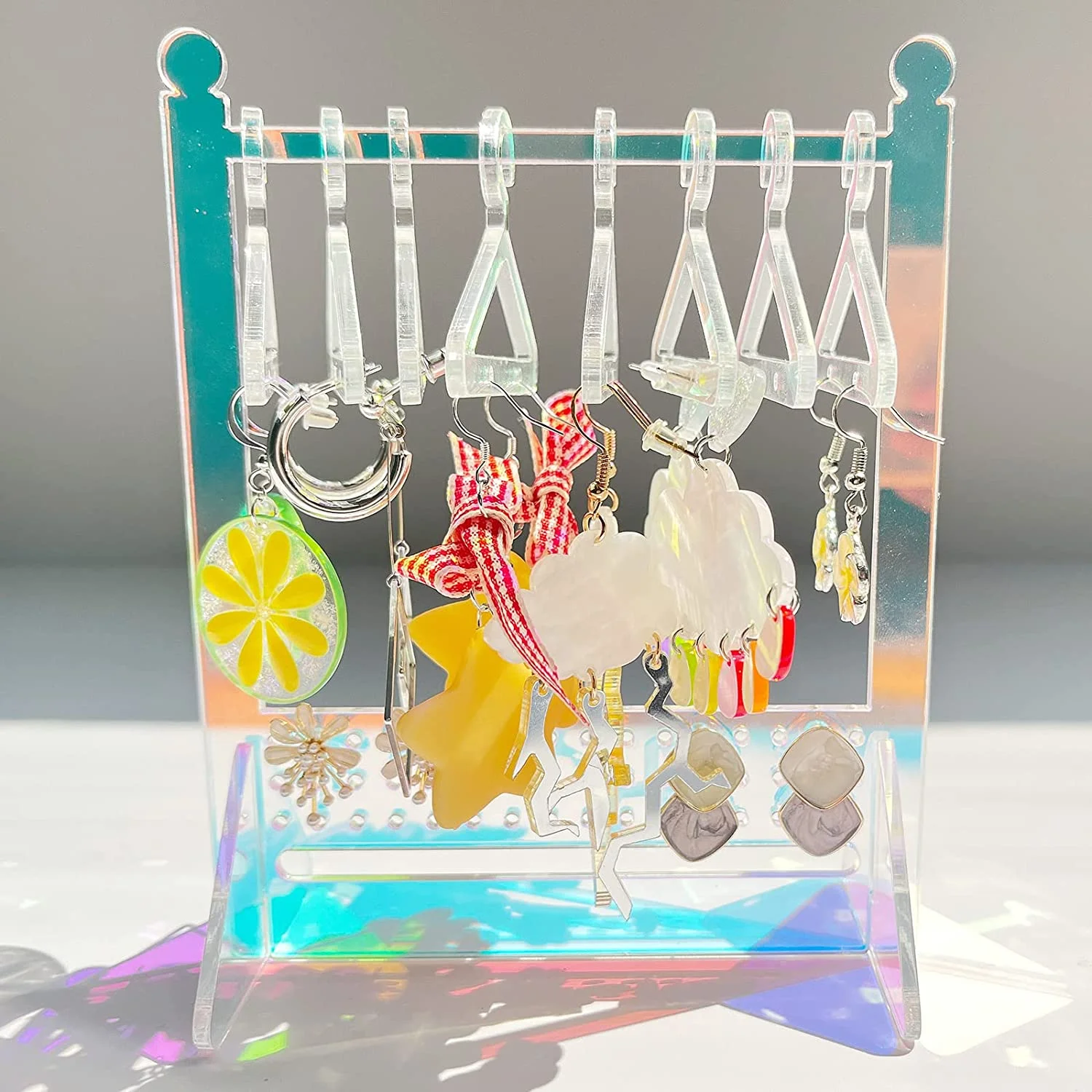 

Rainbow Acrylic Earring Rack Holder,Iridescent Earring Holder Organizer,Earring Hanger Rack with Mini Hangers