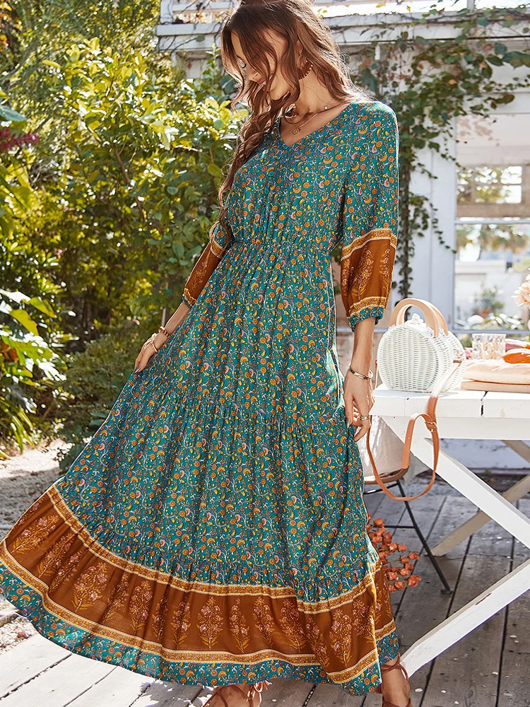 

2022 Spring Summer Women's Floral Vintage Maxi Dress Female Fashion Elegant V Neck Casual Sexy Boho Beach Long Dresses