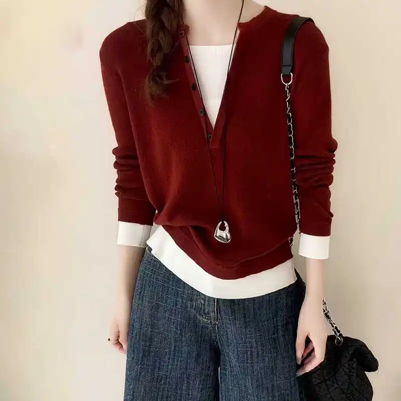 Осень-зима 2024 новый дизайн сложенный лоскутный пуловер из двух предметов