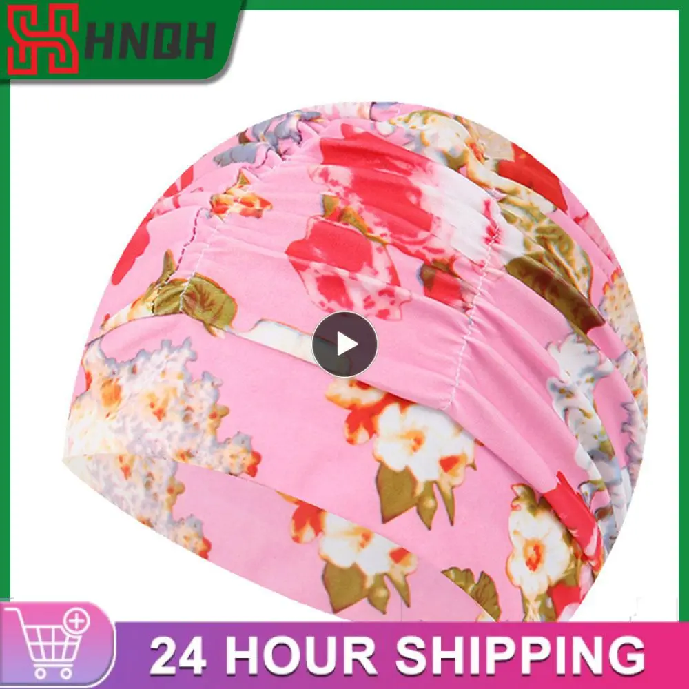 

1PCS Elastic Nylon Turban Pool Bathing Hats Long Hair Bathing Swimming Caps Men Women Flowers Printed Pleated Swimming