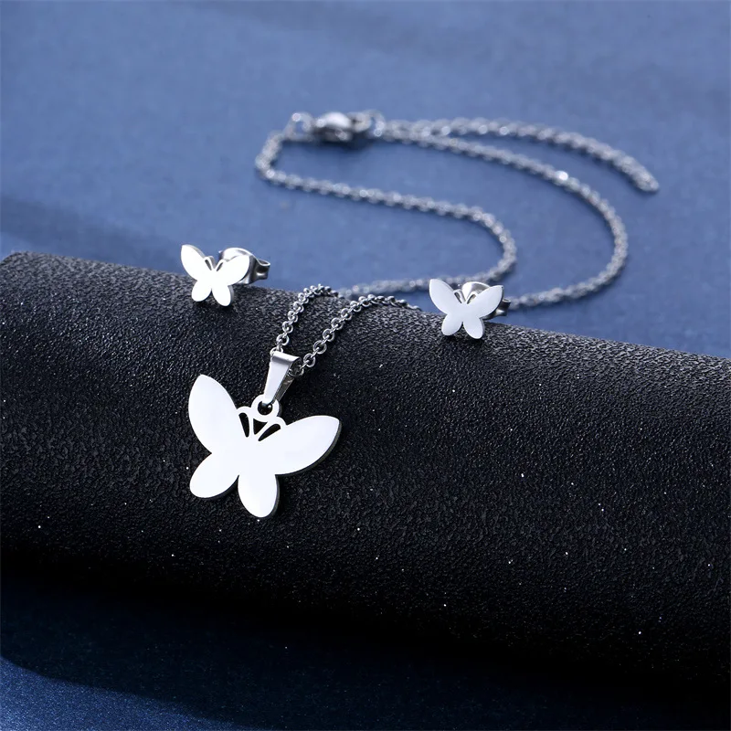

Stainless Steel Silver Color Butterfly Pendant Chain Necklace Stud Earring for Women Party Birthday Fashion Jewelry Set Gift