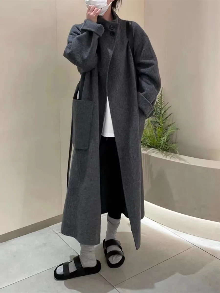 Двустороннее кашемировое пальто женское осень и зима 2024 новое длинное серое