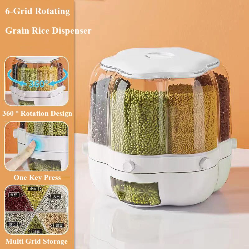 

6-Grid Rotating Grid Grain Rice Dispenser Sealed Cereal Separate Bucket Dry Food Container Round Rice Storage Tank Storage Box