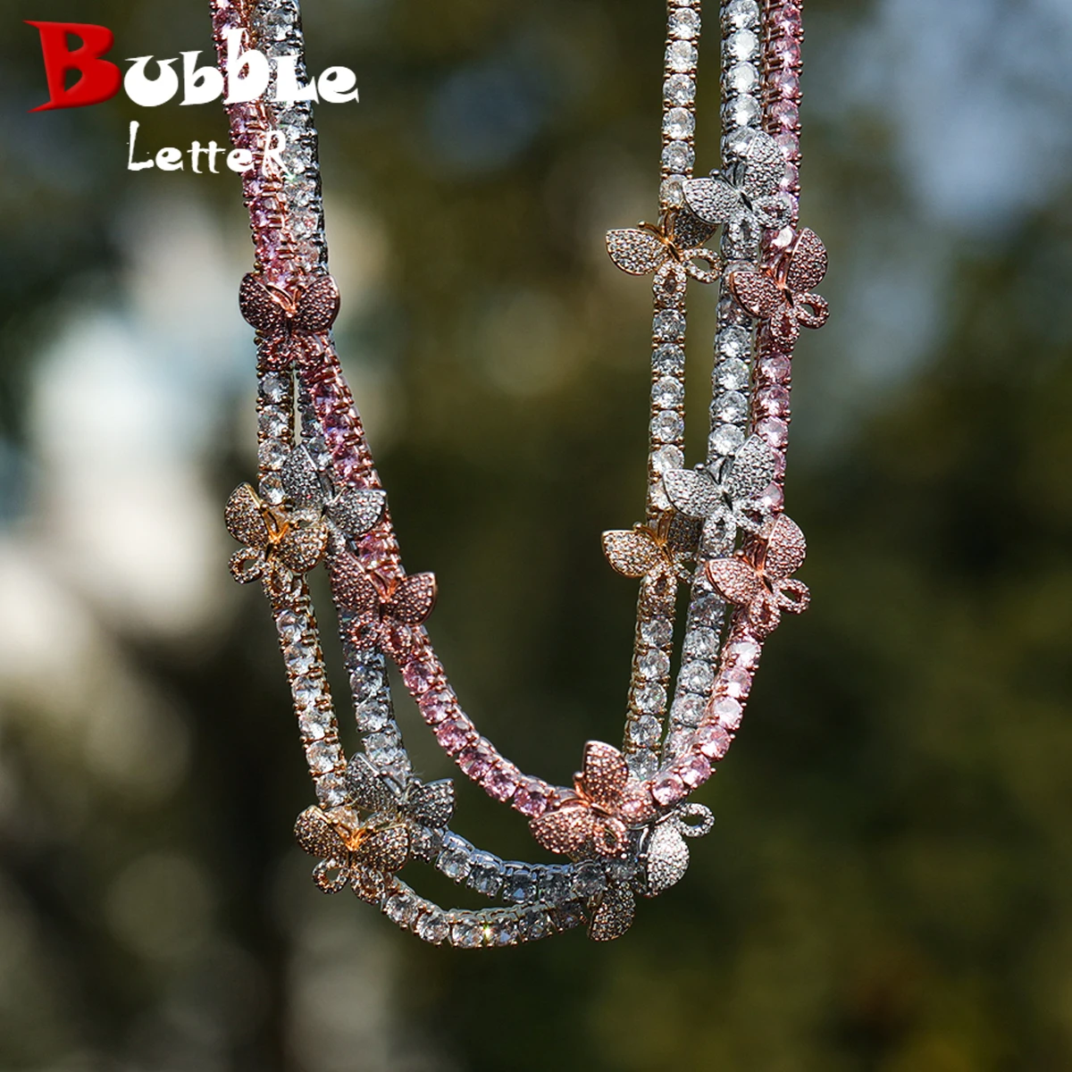 

Bubble Letter Butterfly Tennis Chain for Women Choker Iced Out Charms Hip Hop Jewelry