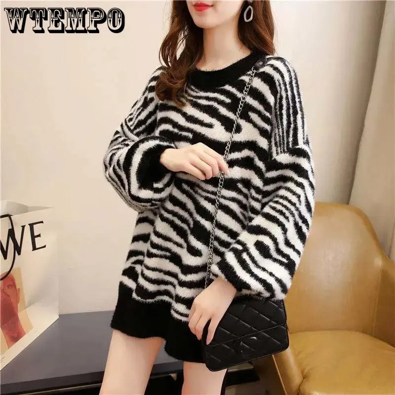 

Imitation Mink Fur Zebra Pattern Women Sweater Loose Knitted Pullover Long Sleeve Top Keep Warm Bottoming Shirt Autumn Winter