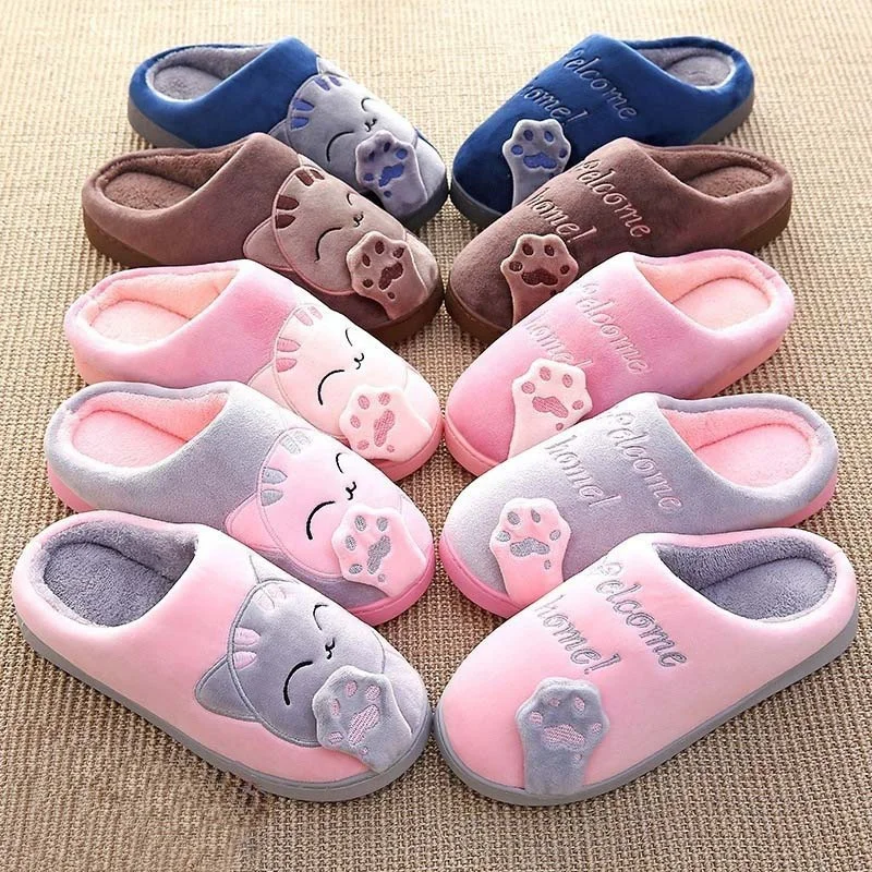 Men Women Winter Home Slippers Cartoon Cat Non-slip Soft Warm Slippers Indoor Couple Cute Lucky Cat Cotton Slippers