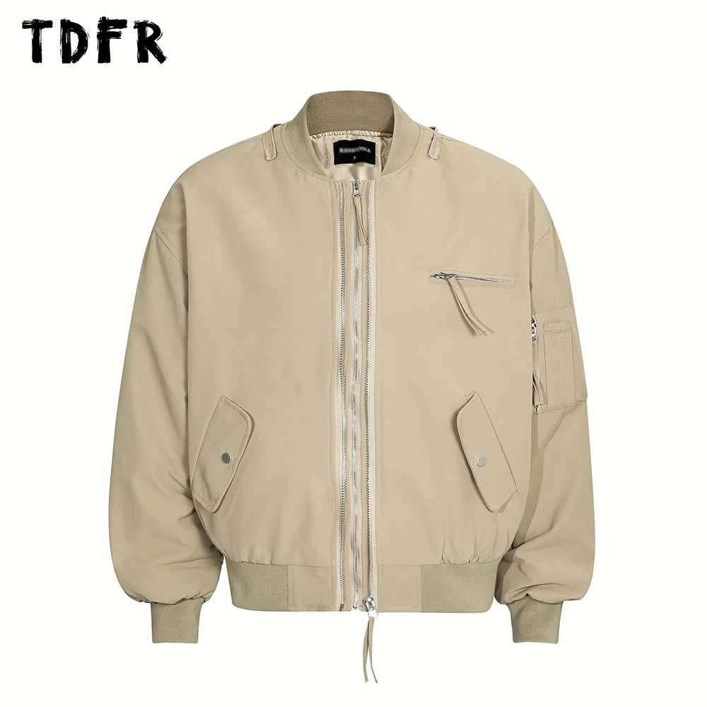 Zipper Decoration Cargo Quilted Jacket Mens Solid Color Spliced Winter Retro Streetwear Stand Collar Long Sleeve Thick Outerwear