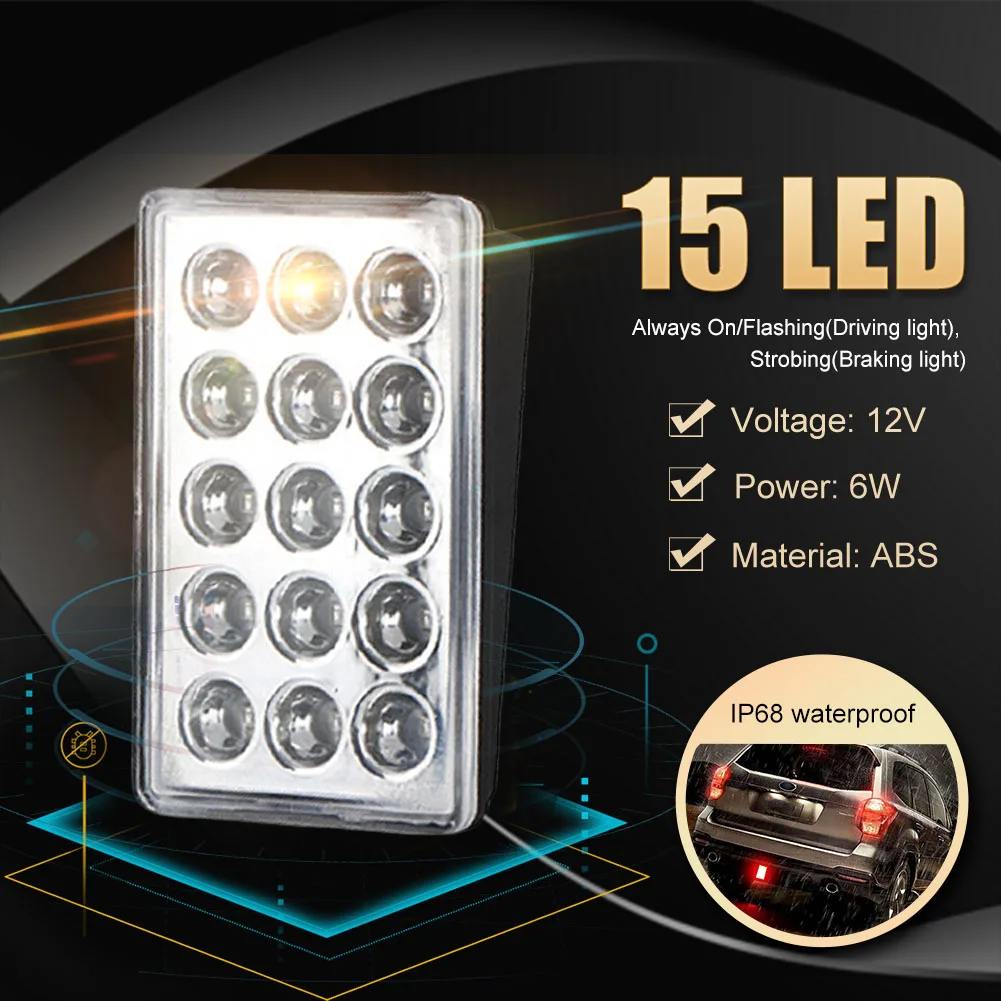 

LED Brake Light Sqaure Pilot Stop Safety Flashing Indicator 15LED Tail Light 12V DRL Auto Motorcycle Warning Brake Signal Lamp