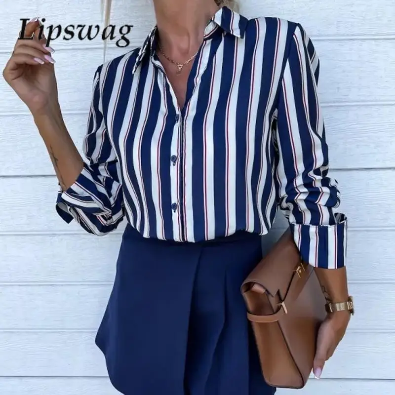 

Elegant Loose Turn-down Collar Office Blouse Autumn Casual Commuter French Shirt Women's Fashion Striped Long Sleeve Shirt Top