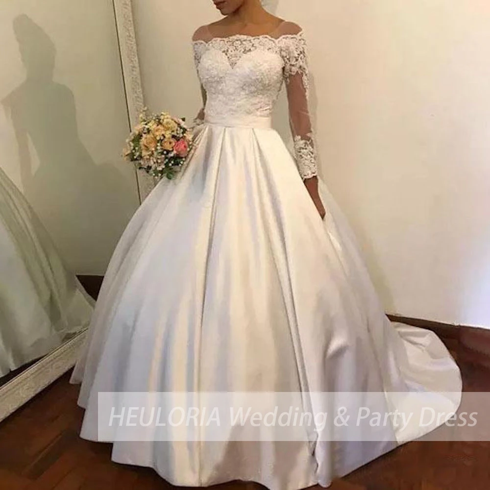 

Princess Ball Gown Wedding Dress long sleeve bride dress off shoulder plus size robe de mariee Lace satin Wedding Bridal Gown
