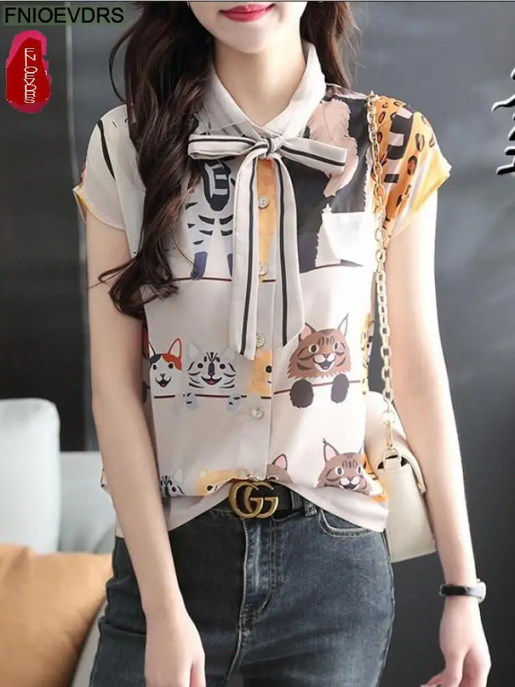 

Новинка 2022, элегантные блузки в европейском стиле, женская летняя блузка с принтом Leter, Модные Винтажные женские топы в стиле ретро с бантом